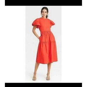 Who What Wear Womens Small Orange Tiered Maxi Dress Flutter Sleeves Pockets